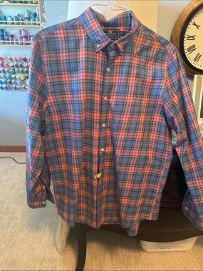 Vineyard Vines Blue and Red Plaid Button-Down Shirt, size large